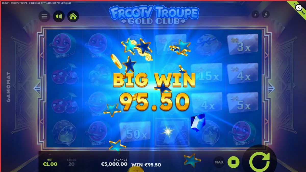 Tampilan visual slot Frooty Troupe – Gold Club yang mewah