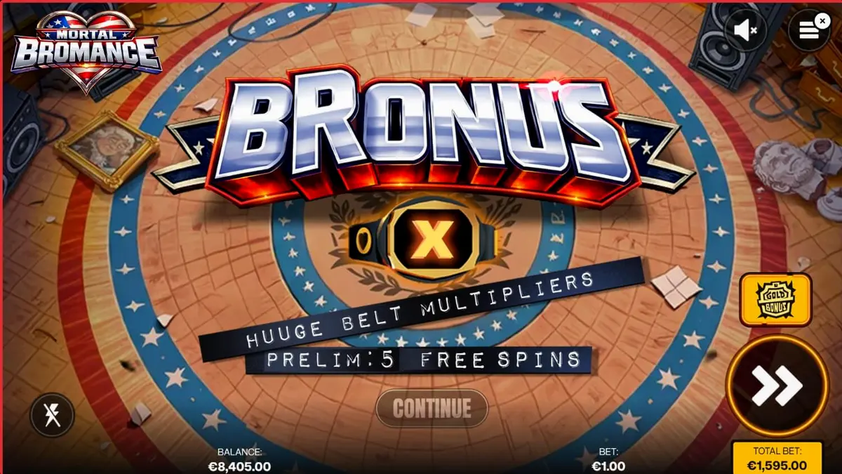 Tampilan visual slot Mortal Bromance dengan latar belakang locker room dan karakter kartun.